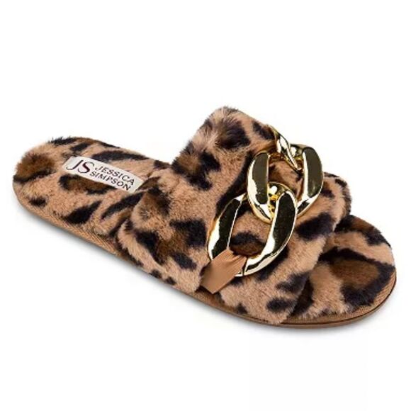 NEW JESSICA SIMPSON WOMEN'S FAUX FUR CHAIN LINK EMBELLISHED SLIDE SLIPPERS - Picture 12 of 12